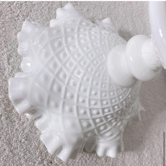 Vintage Fenton Milk Glass Hobnail Ruffle Edge Pedestal Compote Candle Holder - Picture 11 of 15